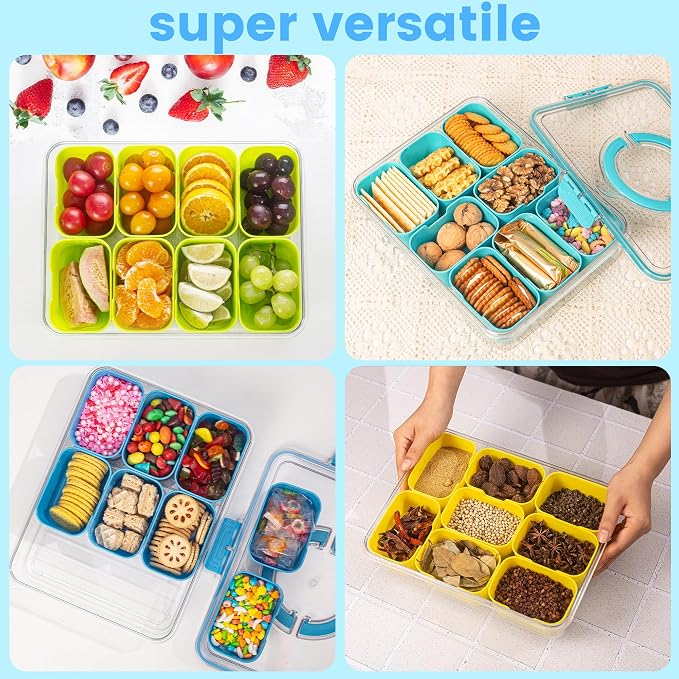 Dingerjar Divided Serving Tray with Lid and Handle - Snackle Box Charcuterie Container for Portable Snack Platters Organizer for Candy, Fruits, Nuts, Snacks - Perfect for Party, Entertaining, Pink