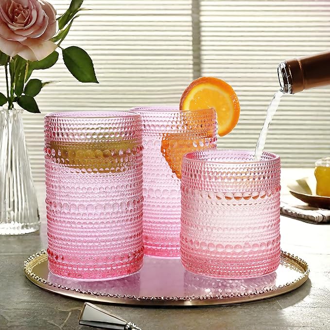 Vintage Hobnail Driinking Glasses Set, Glassware Drinking Set of 8, 12 oz Highball Glasses & 10 oz Cocktail Glasses, Tumbler Glasses for Cocktails, Whiskey, Juice, Milk