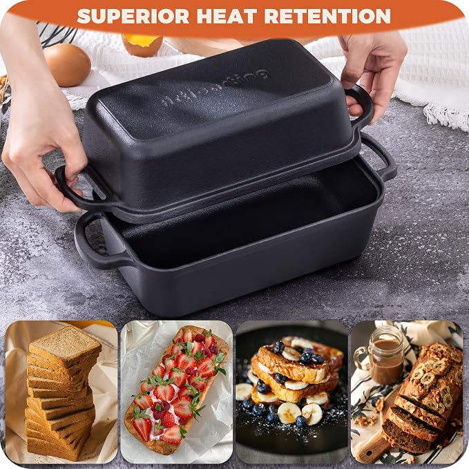 Pre-Seasoned Cast Iron Loaf Pan with Lid, 9x5 Sourdough Pan | Heavy-Duty Cast Iron Loaf Pan with Lid for Sourdough Bread, 9x5 Inch Baking Pan, 2-In-1 Design, Even Heat Distribution, Black