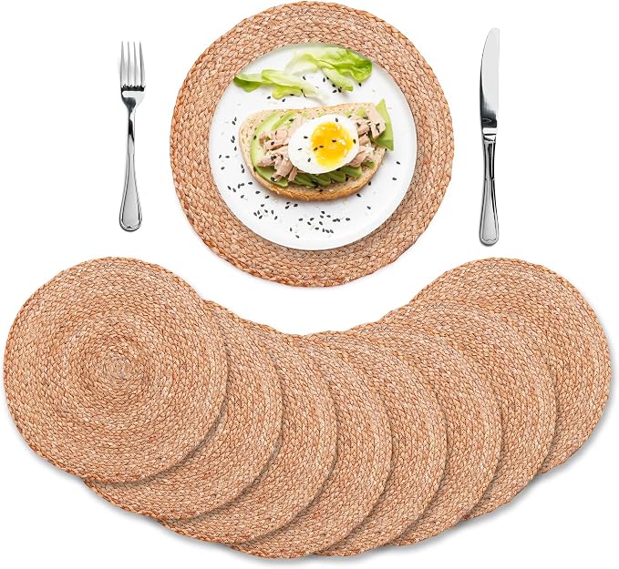 Natural Jute Placemats Set of 8, Round Woven Table Mats, 13 Inch Rattan Charger Plates for Dinner, Boho Farmhouse Braided Place Mats