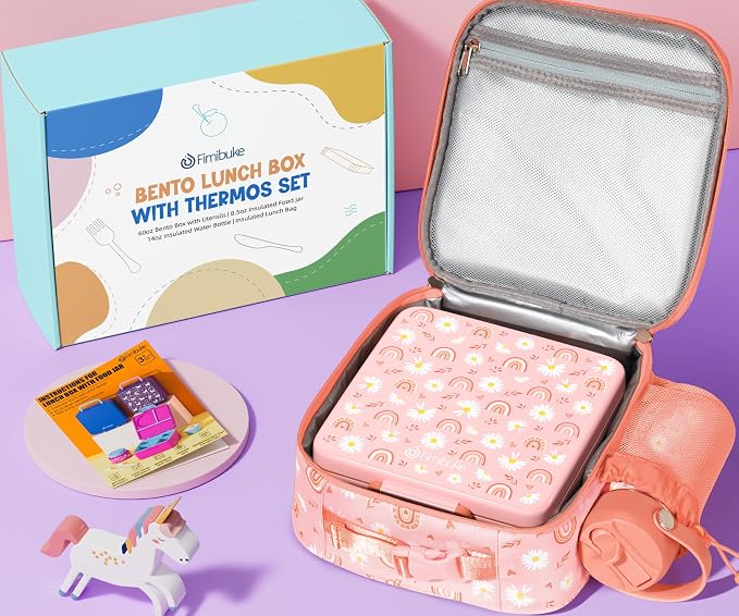 Fimibuke Bento Box for Kids Adult - Leakproof 3-4 Compartments Lunch Bento Box Set with Insulated Food Jar, Water Bottle, Lunch Bag, Sauce Cup & Cutlery for Toddler Teen Shcool Girl Boy Age 3+