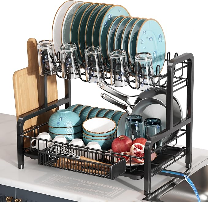 2 Tier Black Stainless Steel Dish Drying Rack for Kitchen Counter | Large Capacity Dish Drainer with Drainboard, Cup & Utensil Holder, Space Saving Rustproof Metal Plate Rack, Fast Drain