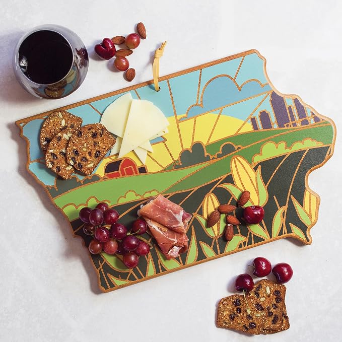 Totally Bamboo Iowa State Shaped Cutting Board, Summer Stokes Art | State charcuterie board with colorful hand-drawn landscape art. Smooth reverse side for food prep. Hang tie for wall display.