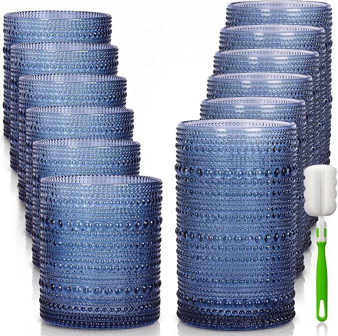 Hobnail Drinking Glasses Set of 12 Kitchen Glass Cups Glassware, Blue | 12 oz Highball Glasses & 10 oz Cocktail Glasses, Clear Embossed Glassware Set for Beer, Juice, Cocktail, Whiskey, Milk