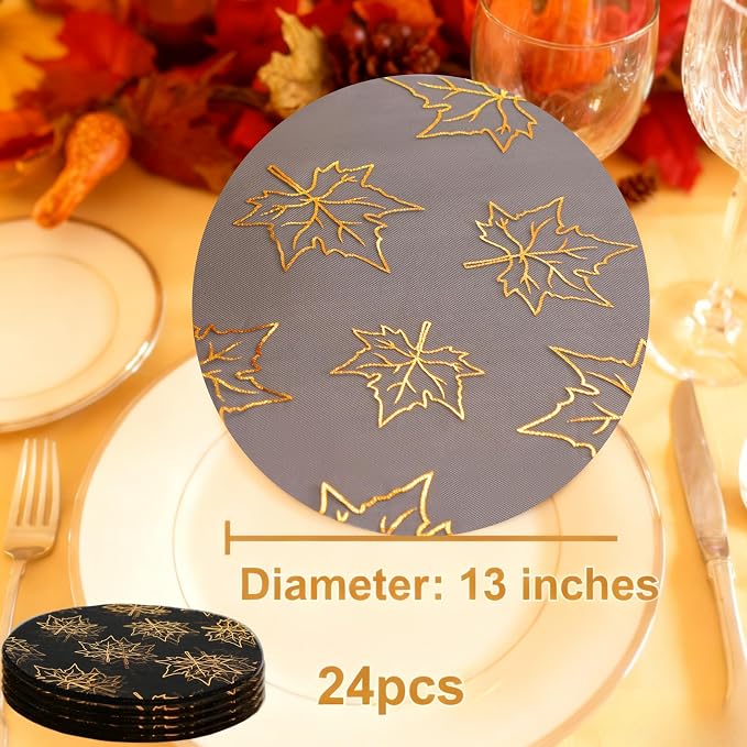 Snowkingdom 24 Pcs Fall Placemats, Black Gold Metallic Maple Leaves Thanksgiving Decoration, 13 inch Round Disposable Placemats, Golden Charger Kitchen Dining Table Mats for Autumn Harvest Party Decor