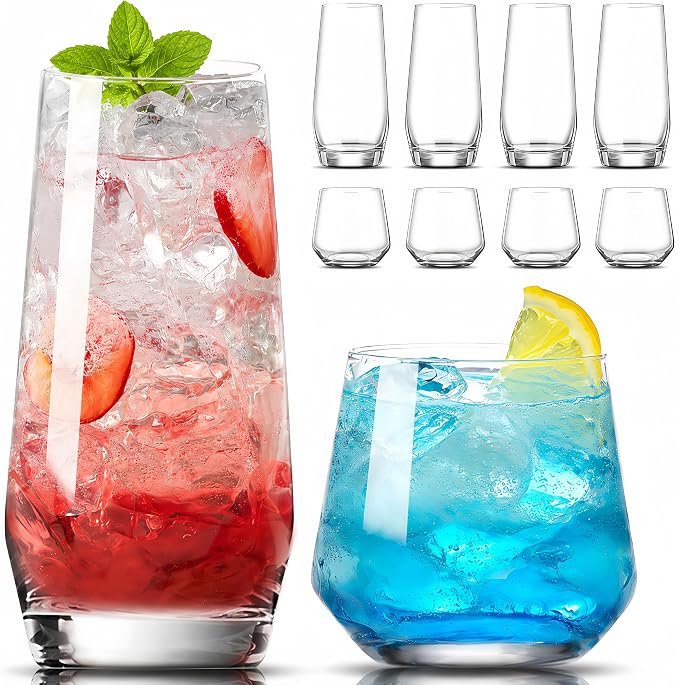 Mfacoy Drinking Glasses Set of 8-4 Tall Glass Cups 18 oz & 4 Short Stemless Wine Glasses 13 oz, Highball Glasses, Glassware Sets for Cocktail, Beer, Wine, Whiskey, Water & Juice Drinkware