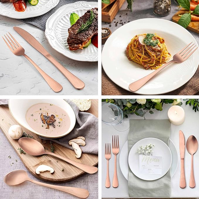 LIANYU 20 Piece Matte Copper Silverware Set, Stainless Steel Copper Flatware Cutlery Set for 4, Fancy Kitchen Utensil Tableware for Home Restaurant Party, Satin Finish, Dishwasher Safe | Flatware Cutlery Set for 4, Fancy Kitchen Utensil Tableware for H...