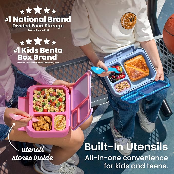 Bentgo Kids Stow & Go Leak-Proof Lunch Box with Built-In Utensil | 3.5-Cup Capacity, Removable Tray, Portion-Perfect Compartments for Kids and Teens, 2-in-1 Spoon & Fork (Lilac Pink)
