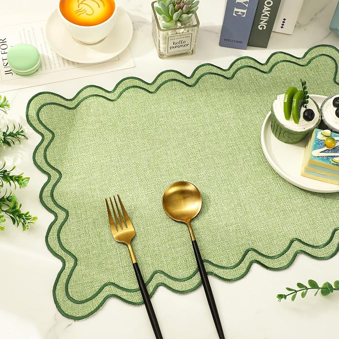 Whaline Sage Green Placemats Embroidered Scalloped Boho Kitchen Place Mats for Wedding Bridal Baby Shower Jungle Theme Party Home Dining Table Decor, Set of 6, 13 x 19 in