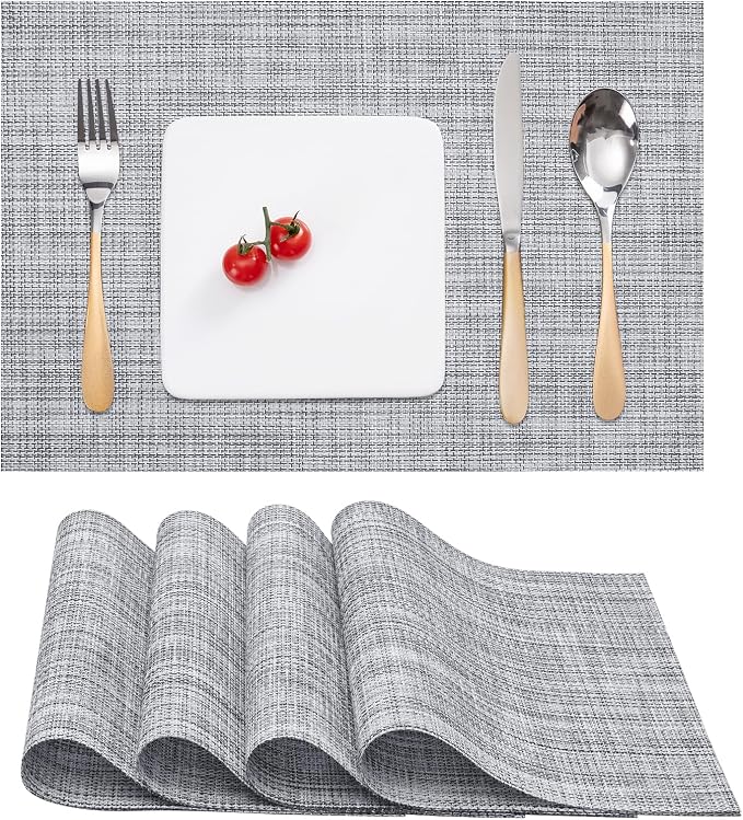 Myir JUN Placemats Set of 4 Kitchen and Dining Table Placemats | Vinyl Placemats Place Mats Indoor/Outdoor Set of 4 Washable Table Mats Non-Slip Place mats for Dining Table, Light gray