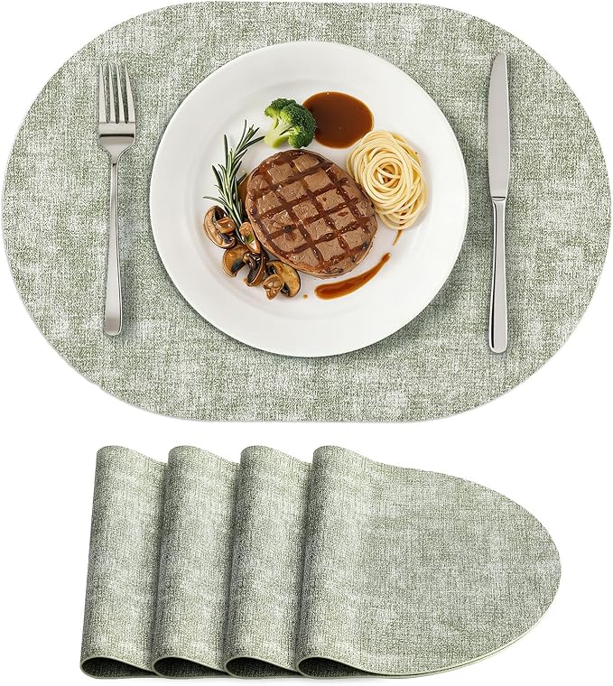 Placemats Set of 4, 11.8 x 17 Inch, Grass Green | Heat Resistant Oval Faux Leather Place Mats, Waterproof Wipeable Reversible PU Placemat, Indoor & Outdoor