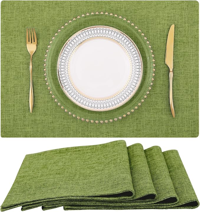 Faux Cotton Linen Placemats Set of 4, Cloth Washable Farmhouse Dining Table Mats for Indoors & Outdoors, Easy to Clean, Grass Green, 13 x 19 Inch
