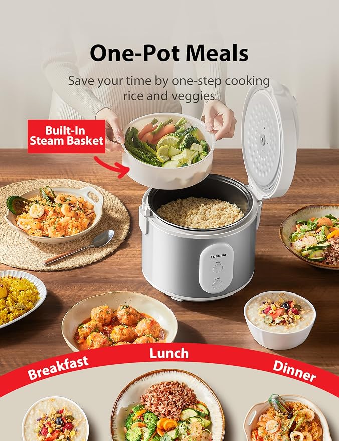 TOSHIBA Rice Cooker & Steamer Simple 5.5 Cup(Uncooked) with Steaming Basket, Removable Non-Stick Inner Pot & Inner Lid, for Soups, Stews, Grains&Oatmeal, One Touch&Keep Warm Function, Silvery White