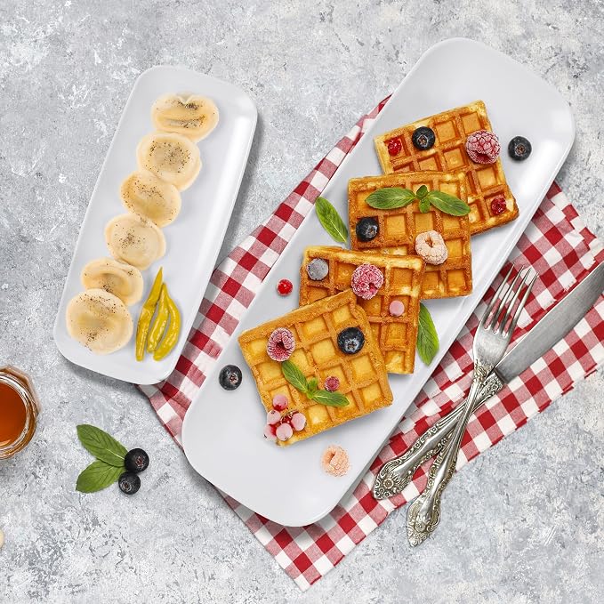 R-kay 4 Pack Plastic Serving Trays for Party - White Serving Tray 10 by 5.5 in - Heavy Duty Dessert Trays for Food - Rectangular Party Serving Trays - Premium Party Trays - White Platters