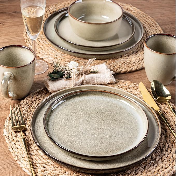 GBHOME Dinnerware Sets for 8, 24 Pieces Ceramic Plates and Bowls Set | Scratch Resistant Stoneware Dishes Set, Dishwasher & Microwave Safe, Reactive Glaze-Oatmeal
