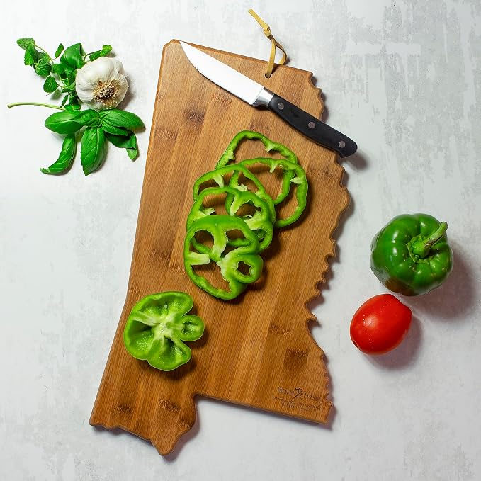 Totally Bamboo Mississippi State Shaped Cutting Board, Summer Stokes Art | State charcuterie board with colorful hand-drawn landscape art. Smooth reverse side for food prep. Hang tie for wall display.