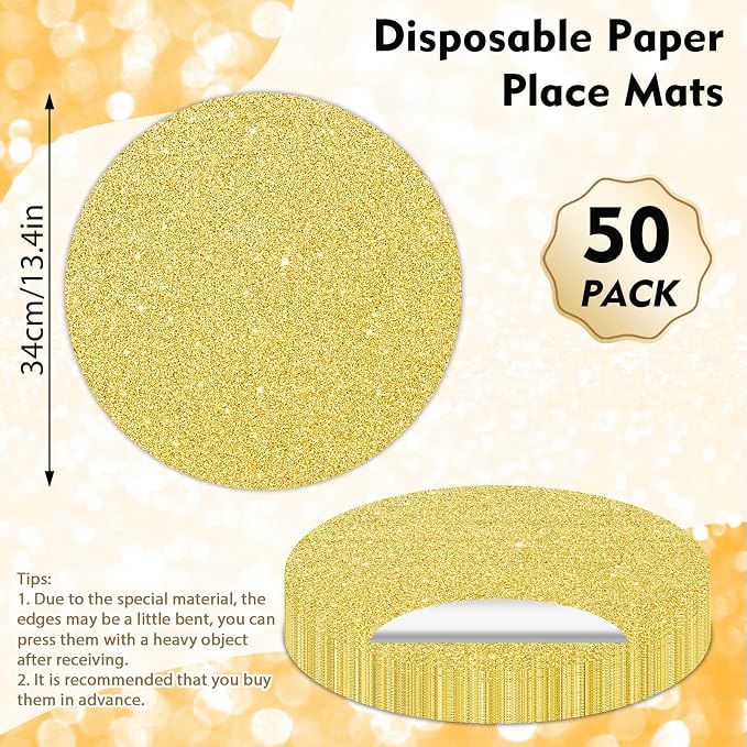 50PCS Gold Paper Placemats Disposable 13.4 Inch Shiny Golden Place Mats Round Decorative Glitter Table Mats for Birthday Wedding Holiday Party Supplies Sparkle Dining Tableware