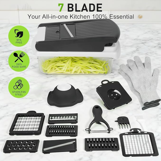 Stainless Steel Mandoline Slicer, Safe Veggie Dicer Kitchen Prep Tool | Multi stainless steel blades with safety guard, detachable structure for quick fruit and vegetable cleaning