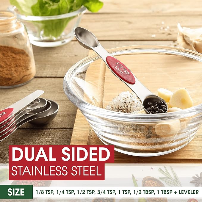 Spring Chef Stainless Steel 8 Magnetic Measuring Spoons Set, 2 Pack, Red | Nesting Teaspoon & Tablespoon Measuring Spoons w/ Leveler for Dry & Liquid Ingredients, Measure Spoons For Baking & Cooking