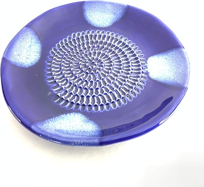 Premium Ceramic Garlic Grater Plate Set - Blue Cross Glazed | All-in-One 4-Piece Set includes 5.25" Plate, Peeler, Brush, and Stand - For Garlic, Ginger, Fruits, Strawberries, and more!