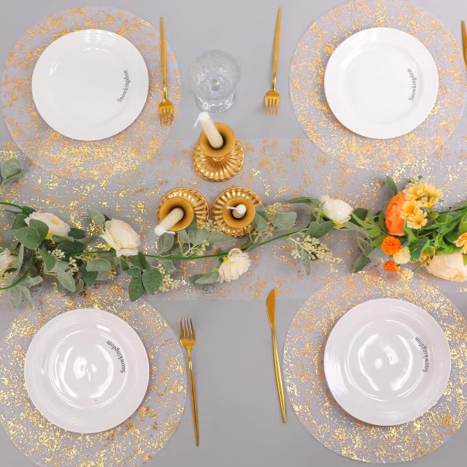 Snowkingdom Gold Placemats Set of 50, Golden Metallic Glitter Sheer Gauze Round 13 Inch Disposable Doilies Charger Place Mats, Dinning Table Mats for Party Wedding Birthday Christmas Holiday