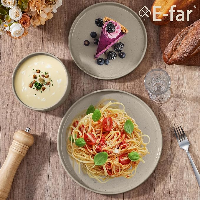 E-far Dinnerware Sets for 8, 24-Piece Stoneware Plates and Bowls Set, Khaki | Modern Kitchen Dining Dishware, Chip and Scratch Resistant, Microwave & Dishwasher Safe, Speckled Khaki
