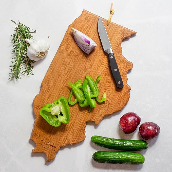 Totally Bamboo Illinois State Shaped Cutting Board, Summer Stokes Art | State charcuterie board with colorful hand-drawn landscape art. Smooth reverse side for food prep. Hang tie for wall display.