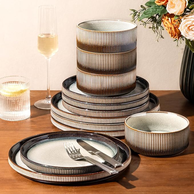 GBHOME Stoneware Dinnerware Sets for 4, 12-Piece Plates and Bowls Set | Handmade Reactive Glaze Ceramic Dish Set, Scratch Resistant, Dishwasher&Microwave Safe,Mocha & Sage