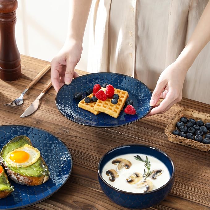 MALACASA 16 Pieces Dinnerware Sets, Farmhouse Plates and Bowls Sets, Embossed Blue Dish Set for 4, Vintage Relief Ceramic Dish Set with Mugs, Microwave and Dishwasher Safe, Series LYDIA