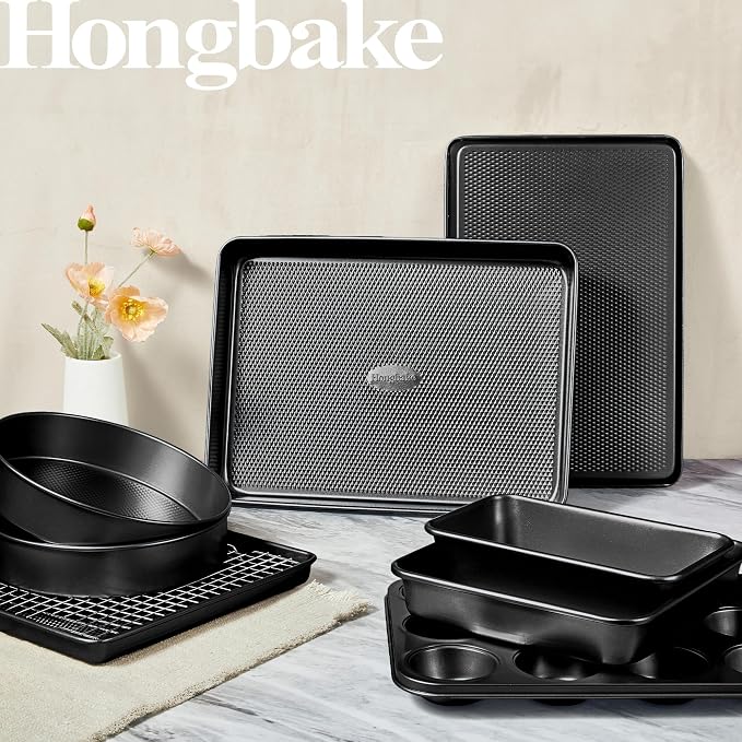 9-Piece Baking Pans Set Nonstick, Stackable Non Toxic Bakeware Sets with Diamond Texture, Oven Pan Set for Cooking, Includes Cookie Sheet with Rack, Cake Pan, Roasting Pan, Muffin Tin, Gray