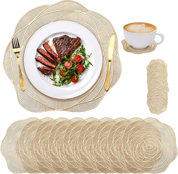 Lyellfe 20 Pack Gold Pressed Vinyl Placemats, 15 Inch Metallic Non-Slip | Washable PVC Chargers Placemat, including 10 Placemats and 10 Coasters for Dining Table, Wedding, Party, Rose Flower Shape