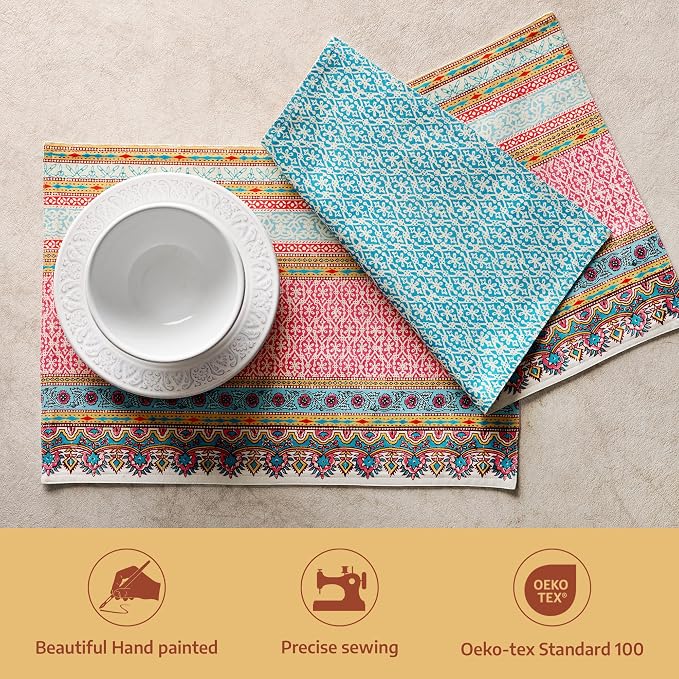 Maison d' Hermine Placemats Set of 4 Reusable 100% Combed Cotton (13"x19") | Cloth Place Mats Washable Table Mats for Kitchen Dining Party Wedding Hotel Home Restaurant Spring Summer - Lauris