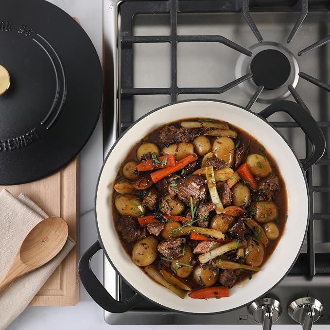 Martha Stewart Gatwick Enameled Cast Iron Braiser with Lid, 3.5-Quart Braiser Pan for Stovetop & Oven, Cast Iron Braising Pan with Gold Knob, Matte Black