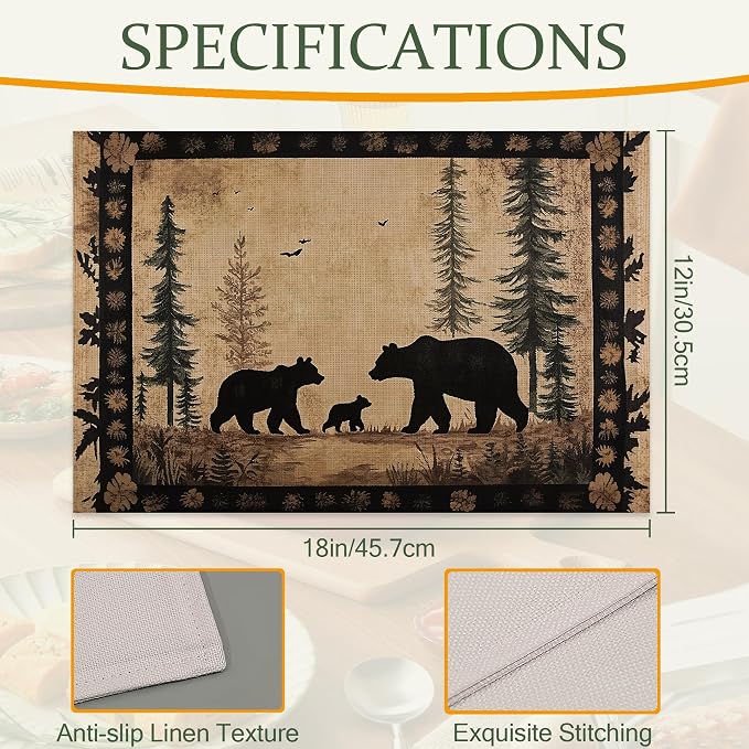 Bear Family Cloth Placemats,Vintage Forest Wildlife Heat-Resistant Table Placemats Set of 6, Washable Linen Place Mats for Dining Room Table Decor Home Restaurant Cafes Holiday Party 11.8x17.7 Inch