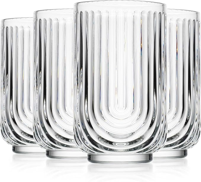 Glaver's Vintage Glassware Art Deco Glasse Ribbed Drinking Glasses U-Shape Arch Design Colored Cocktail Kitchen Tumblers Everyday Dinner Decorative Party (Clear S/4 17oz)