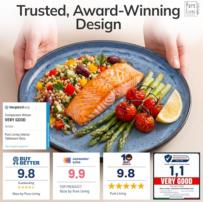 24 Piece Stoneware Dinnerware Set for 8, Handmade Plates and Bowls Set | Reactive Glaze Coating, Dishwasher & Microwave Safe Dish Set, Chip & Scratch Resistant Dishware Set, Dark & Deep Blue