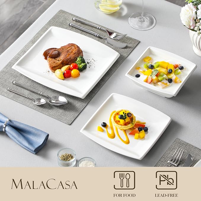 MALACASA 30 Piece Porcelain Dinnerware Set, Square Plates and Bowls for 6 | Complete with Plates, Bowls, Cups, Saucers, Microwave Oven and Dishwasher Safe Porcelain, Modern Square Design, Service for 6