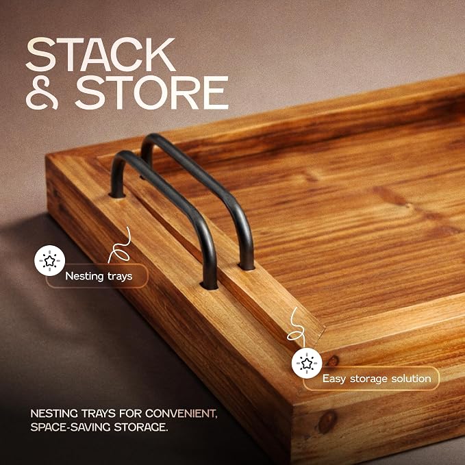 Besti Rustic Vintage Food Serving Trays (Set of 2) | Nesting Wooden Board with Metal Handles | Stylish Farmhouse Decor Serving Platters | Large: 15 x2 x11” - Small: 13 x2 x9” (Rustic Light Brown)