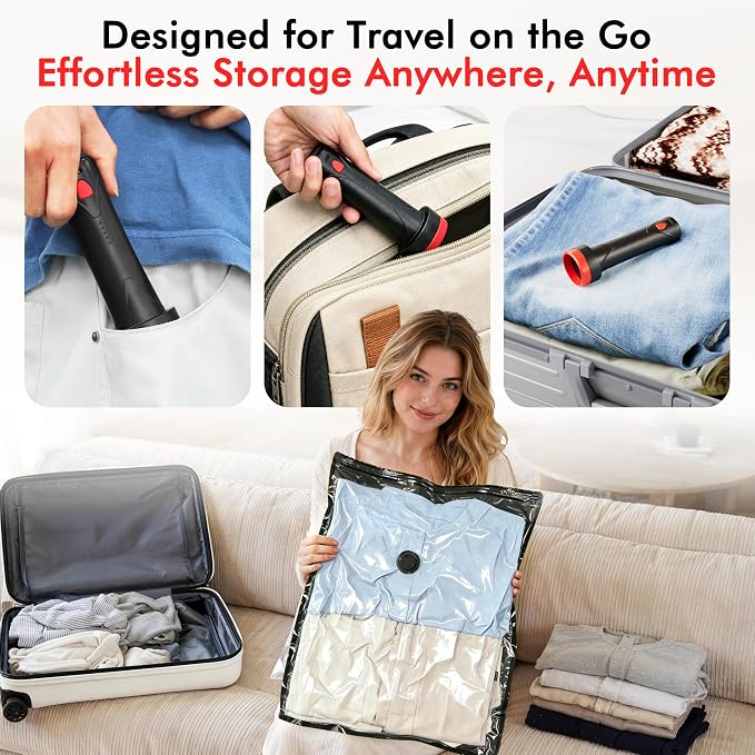 MEIQIHOME 18 Pack PackEase Travel Vacuum Bags 1500mAh Wireless Pump, 80% Compression Space Saver for Luggage, Clear PA+PE Reusable Seal Bags for Clothes, Portable Electric Air Pump for Travel & Home