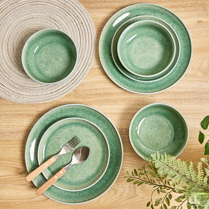 Sango Asher 12-Piece Stoneware Dinnerware Set for 4, Green Ceramic Plates and Bowls Sets, Modern Dish Set with Reactive Glaze, Durable Kitchen Dishes for Casual Dining, Microwave & Dishwasher Safe