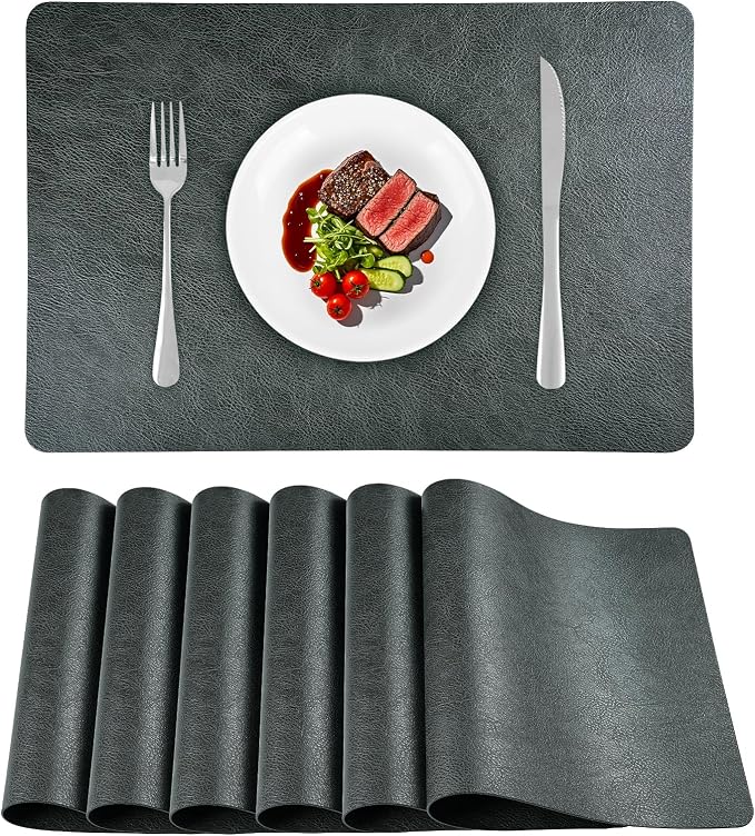 Faux Leather Placemats Set of 6 Heat Resistant Table Mats 17×12 Inch | Waterproof & Wipeable Place Mats Set of 6 Dual Sided Table Placemats for Kitchen Dining Indoor & Outdoor 43×30 CM Dark Grey
