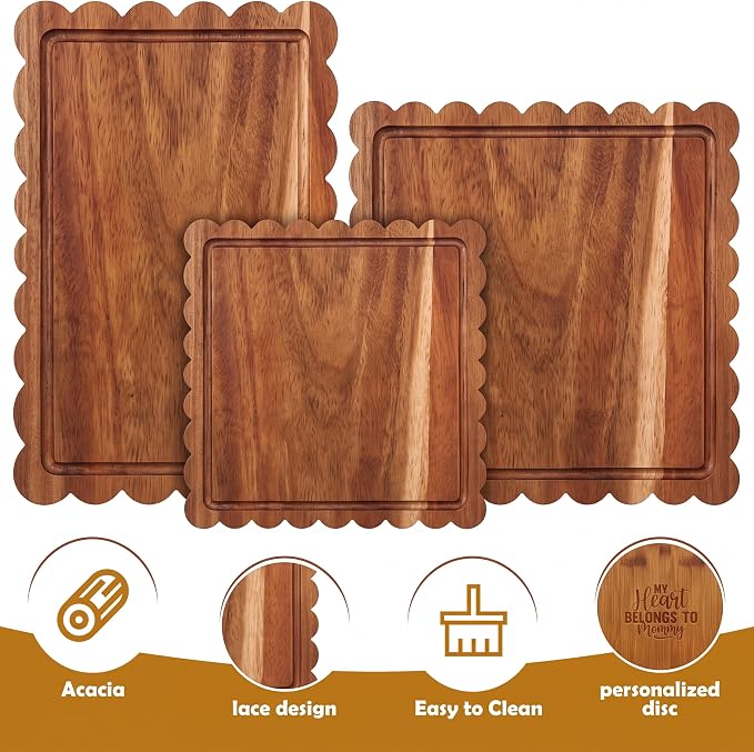 3 Pcs Charcoal Bamboo Wood Scalloped Cutting Boards, Medium | Juice Groove, Kitchen, Wood Charcuterie Tray, Snack Cheese, Appetizers Grazing Platter, Engraving Gift, Crafts Rustic Wall