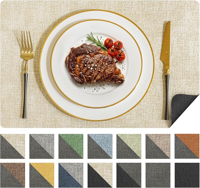 Romanstile Vinyl Placemats Set of 4, Reversible Faux Leather Heat Resistant Wipeable Table Mats, Waterproof Washable Non-Slip Table Placemats for Dining/Kitchen/Party/Outdoor (Grey Beige, 12" x 17")