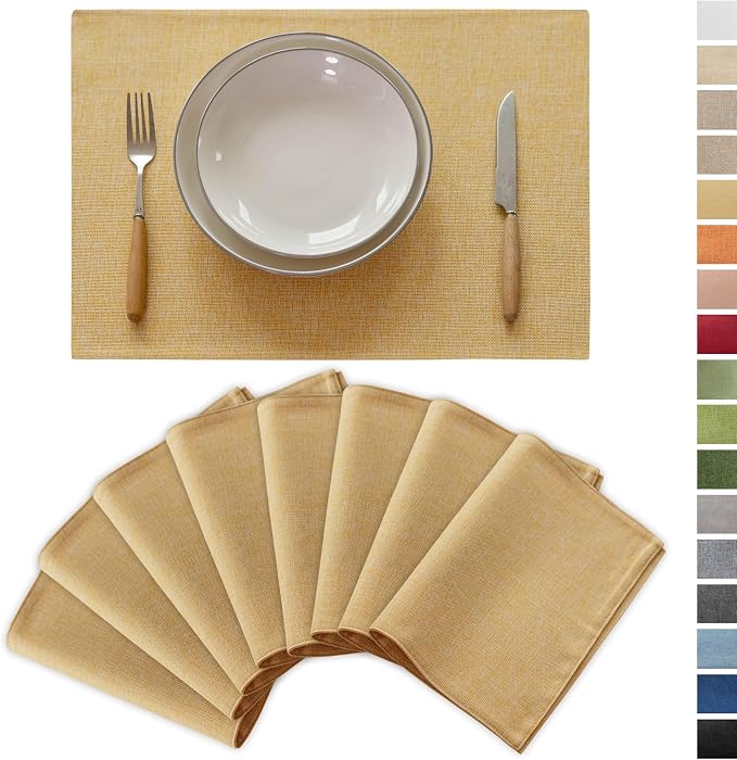 Demetex Yellow Placemats Set of 8 Linen Fabric Placemat Heat Resistant Washable Place Mats for Kitchen Party Dinner, 13x19 inch, Yellow