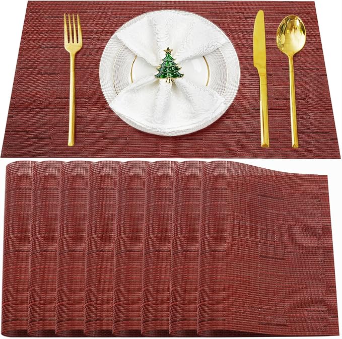 Red Vinyl Placemats Set of 8,Washable Dining PVC Table Mats | Heat resistant, stain resistant non slip vinyl place mats, washable red table placemats for dining table