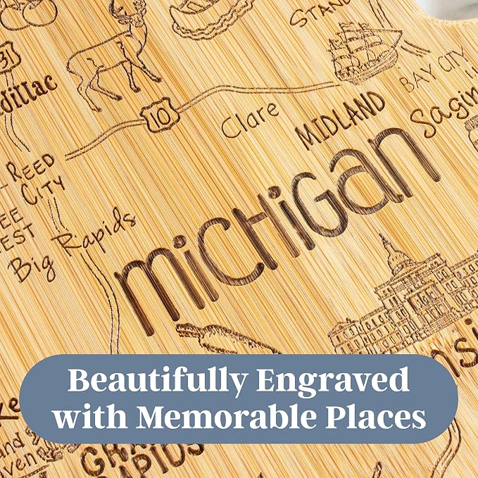 Totally Bamboo Destination Michigan Mitten Shaped Cutting Board | Michigan mitten charcuterie serving board. Engraved map art. Smooth reverse side for food prep. Hang tie for wall display.