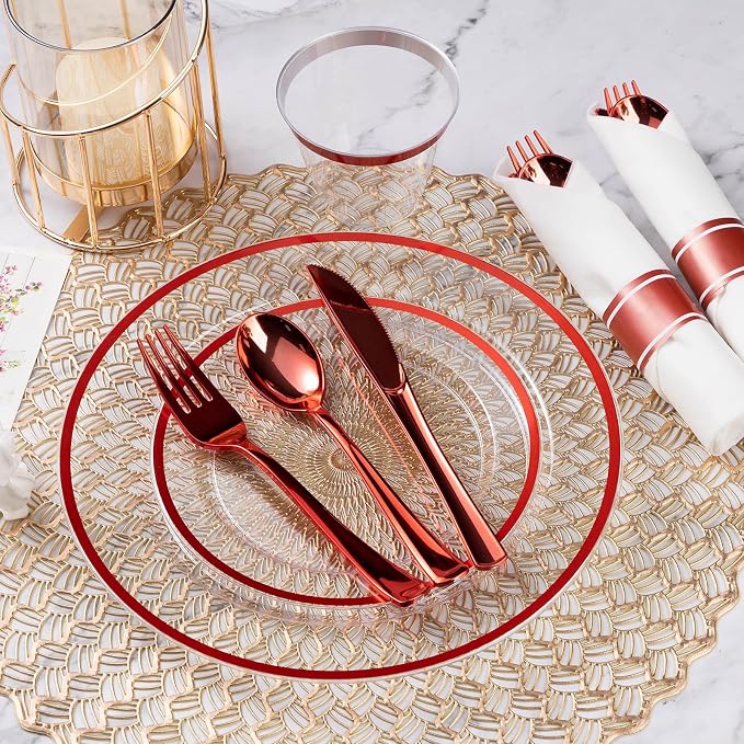 350 Pcs Clear Red Plastic Dinnerware Sets for Party for 50 Guests | Red Plastic Plates Includes 100 Plates, 50 Pre Rolled Napkins with Cutlery Set, 50 Cups for Graduation, Wedding, Christmas