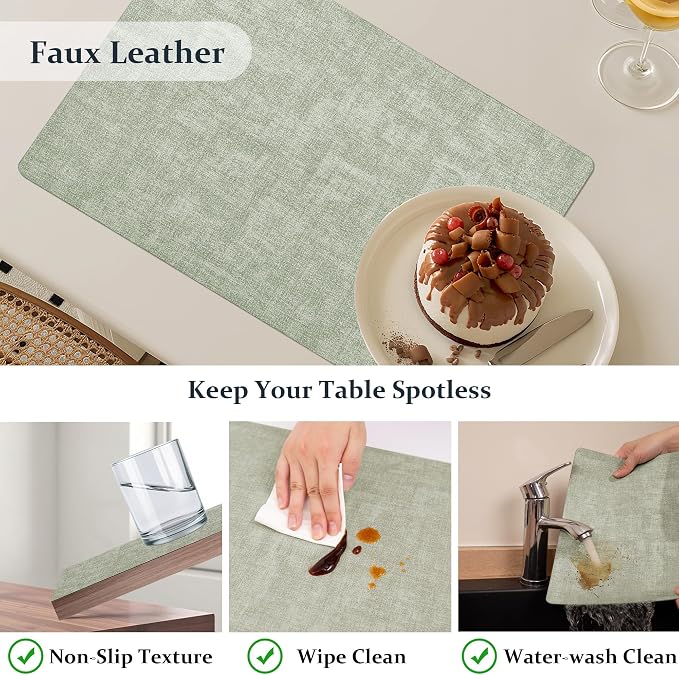 FROMHEART Faux Leather PU Placemats Set of 6 (Light Green,11.8" x 17") | Waterproof,Heat/Oil Stain-Resistant Table Mat–Reversible,Non-Slip,Easy to Clean Place Mats for Kitchen,Dining,Indoor/Outdoor
