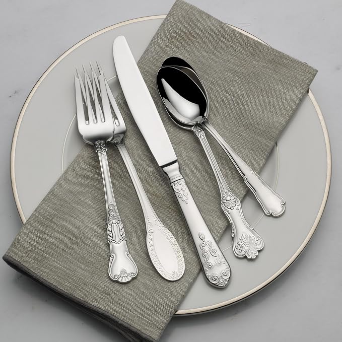 Wallace Hotel 77-Piece Flatware Set, 18/10 Stainless Steel Silverware Set for 12 with Filigree Handles, Dishwasher Safe Cutlery Set for Formal Dining