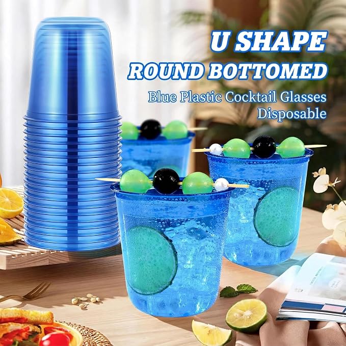 KesaPlan 50Pcs 12oz Blue Plastic Party Cups, Disposable Wine Cocktail Cups | Cute Crystal Wine Stemless Glasses, Round Bottom PET Cold Drink Cups for Wedding Birthday Meeting Christmas Baby Shower Party